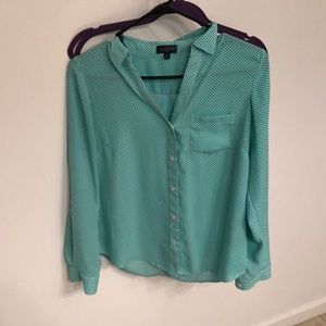 Aqua button up dress shirt with white polka dots
